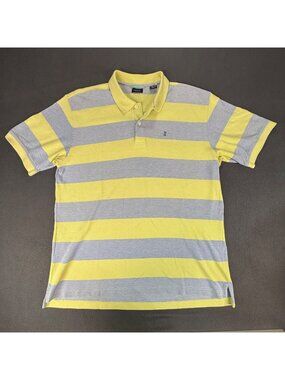 Izod Cotton Mens Size Large Baby Blue/Yellow Striped Golf Polo Casual EUC